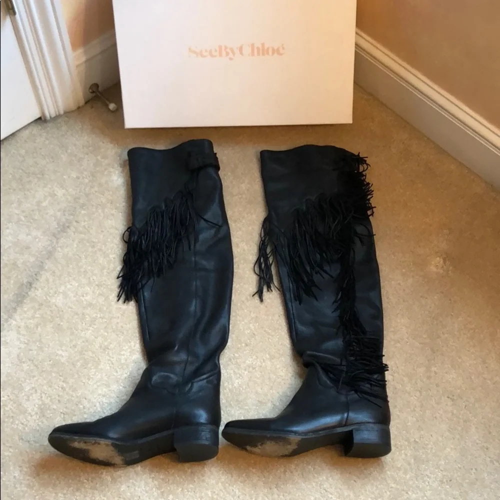 See By Chloé Black Fringe Over-the-Knee Boots